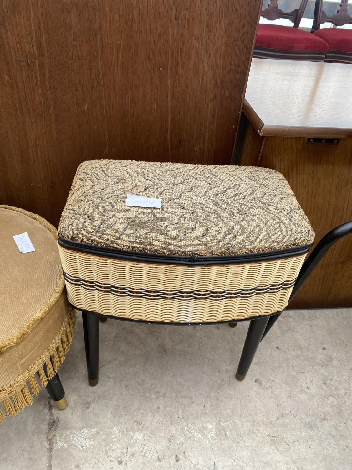 A 1950'S WICKER EFFECT SEWING BOX ON BLACK LEGS AND A KITCHEN CHAIR, LLOYD LOOM OTTOMAN AND AN - Image 3 of 5