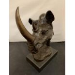 A LARGE BRONZE RHINO BUST ON A MARBLE BASE HEIGHT 32CM