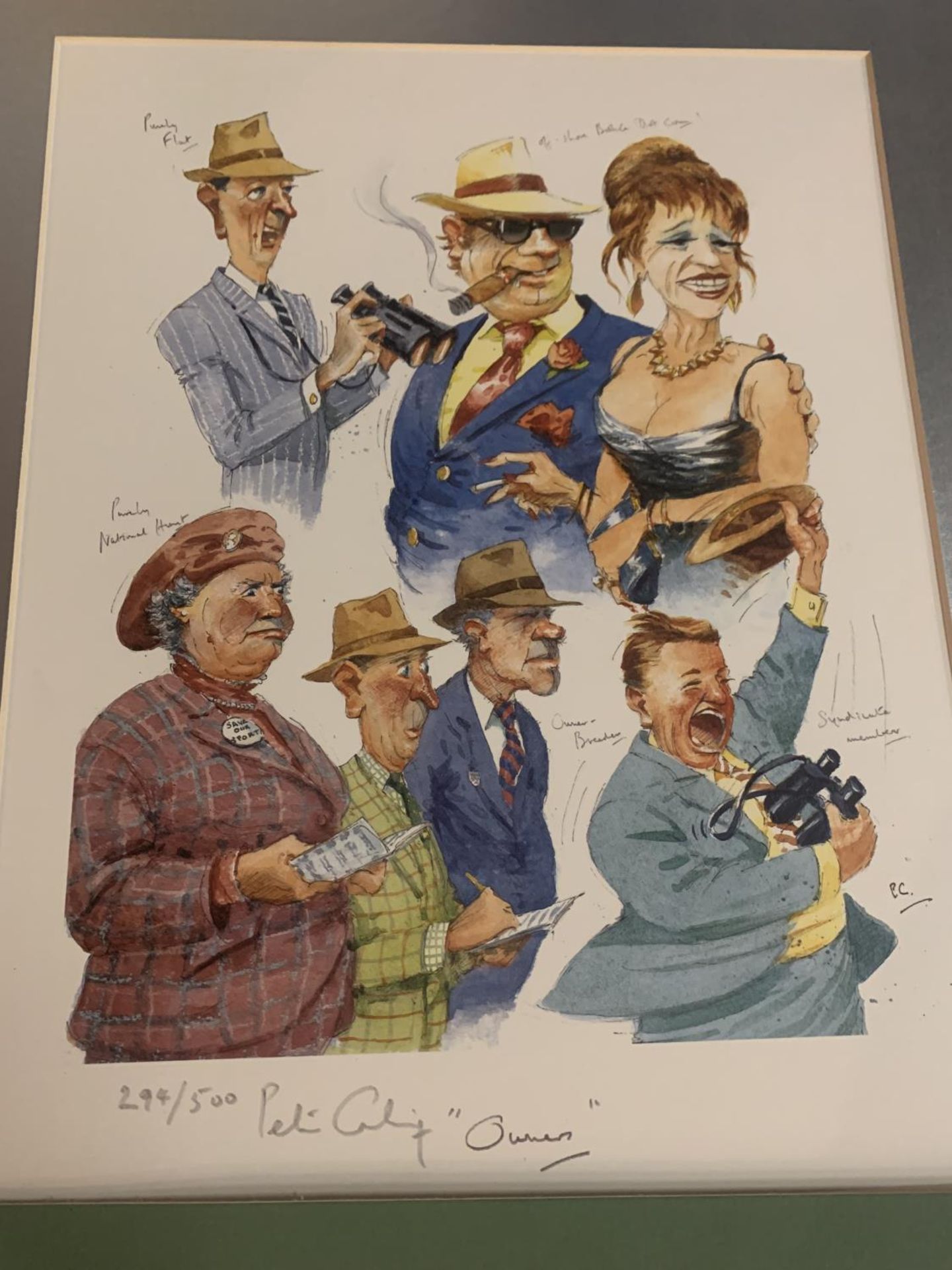 FOUR CARICATURES STYLE PRINTS IN MOUNTS- JOCKEYS, OWNERS, TRAINERS AND LADS LIMITED EDITION 294/ - Image 3 of 5