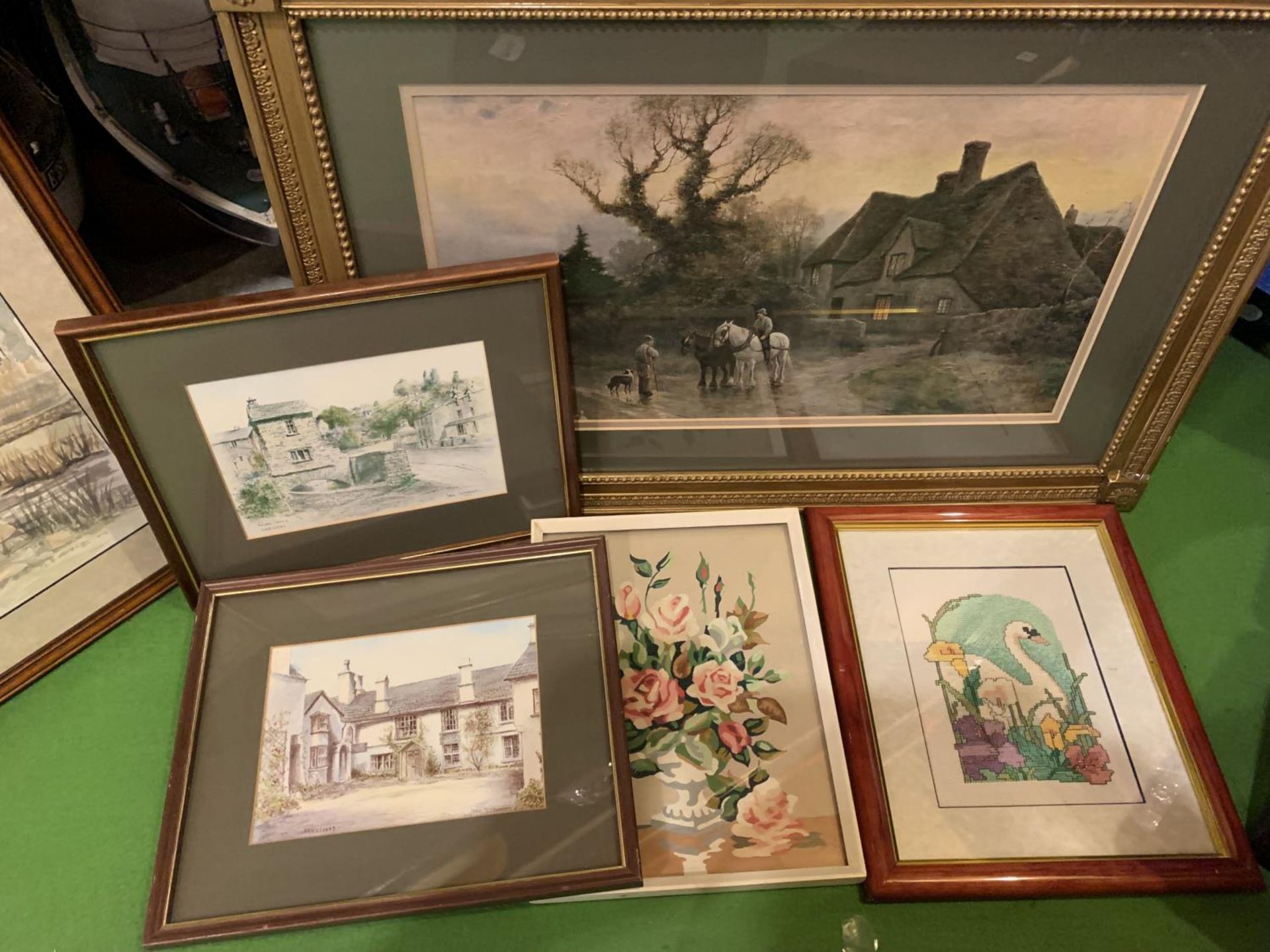 FIVE FRAMED PIECES TO INCLUDE PICTURES AND A TAPESTRY