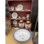 AN ASSORTMENT OF CERAMIC ITEMS TO INCLUDE A WASH BOWL, TWO DECORATIVE CERAMIC URNS A ROYAL ALBERT