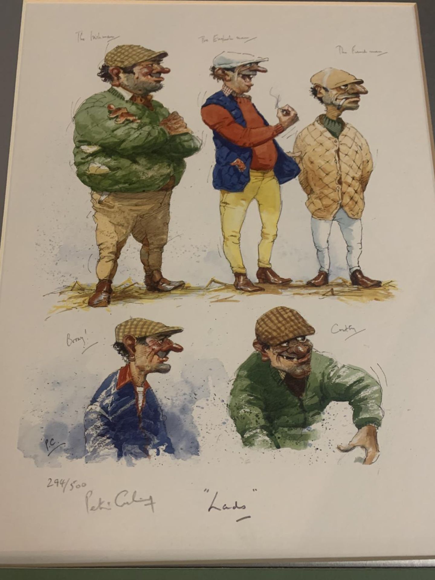 FOUR CARICATURES STYLE PRINTS IN MOUNTS- JOCKEYS, OWNERS, TRAINERS AND LADS LIMITED EDITION 294/ - Image 2 of 5