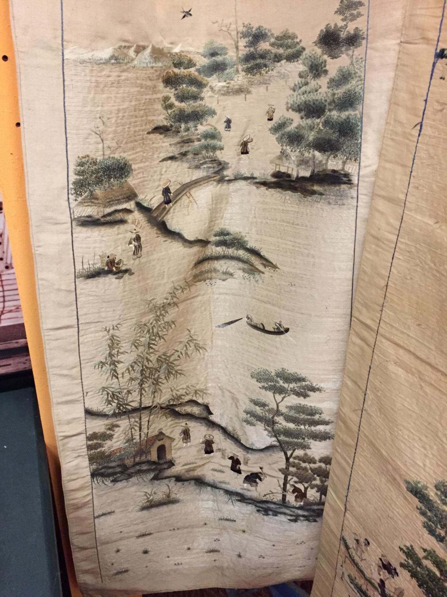 TWO ORIENTAL SILK WALL HANGINGS DEPICTING TRADITIONAL FISHING SCENES BOTH APPROX 140CM X 58CM - Image 3 of 3