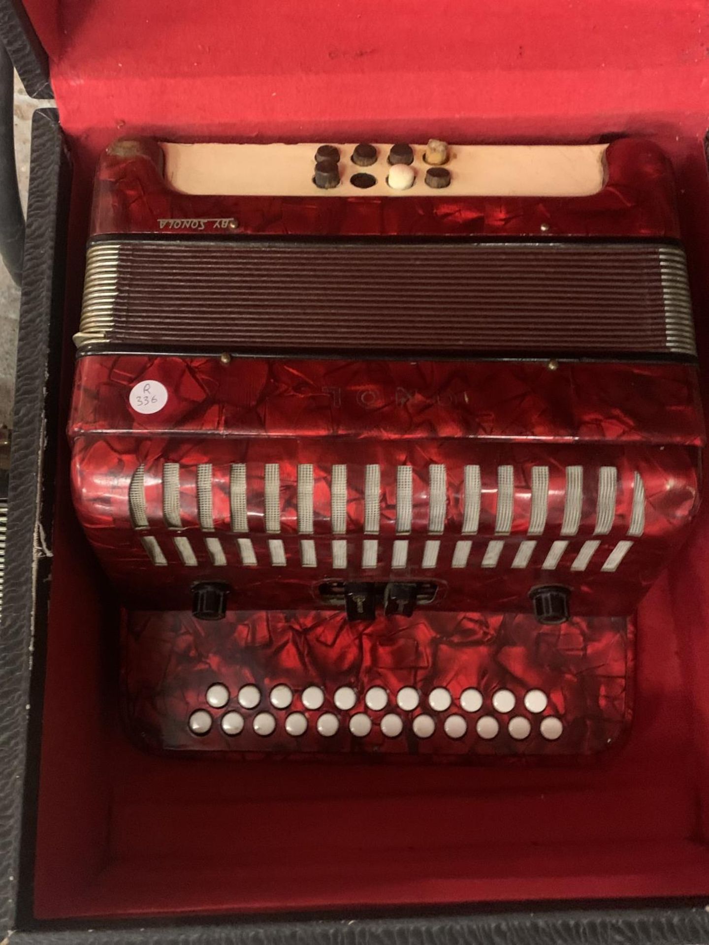 AN ACCORDIAN BY SONOLA IN A CASE AND A SMALLER ONE FOR REPAIR - Image 2 of 3