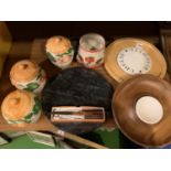 A SELECTION OF ITEMS TO INCLUDE A LAZY SUSAN CHEESE BOARD A MARBLE SERVING BOARD AND CANISTERS