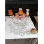 AN ASSORTMENT OF ITEMS TO INCLUDE A PUNCH BOWL AND GLASSES, LAMP SHADES AND CANDLES ETC