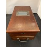 A VINTAGE WOODEN CASH REGISTER/DRAWER WITH WORKING BELL