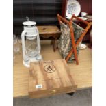 AN ASSORTMENT OF ITEMS TO INCLUDE AN OIL LAMP AND A SMALL STOOL ETC