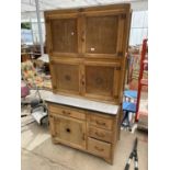 A RETRO WOODEN KITCHEN UNIT WITH CUPBOARD AND DOORS TO BASE AND FOUR CUPBOARDS TO TOP