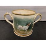 A TWIN HANDLED 'THOMAS HUMPHREYS 1885' LOVING CUP WITH HAND PAINTED HUNTING DOG SCENE, SIGNED W.