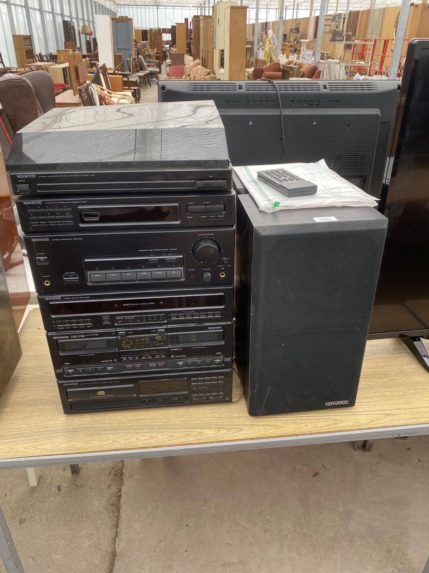 A KENWOOD STEREO SYSTEM WITH RECORD PLAYER, CD PLAYER, TAPE DECK AND SPEAKERS ETC