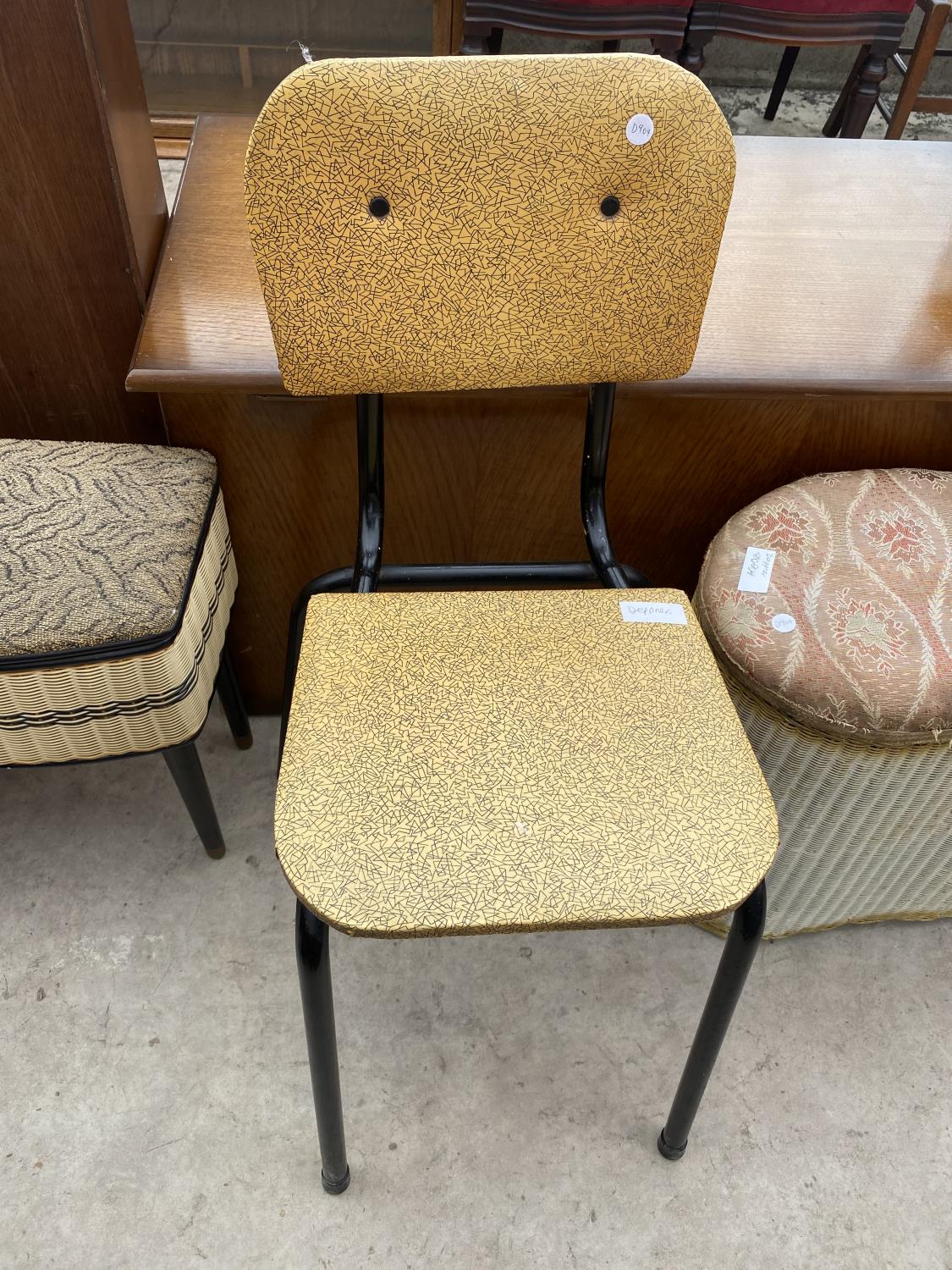 A 1950'S WICKER EFFECT SEWING BOX ON BLACK LEGS AND A KITCHEN CHAIR, LLOYD LOOM OTTOMAN AND AN - Image 4 of 5