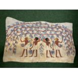 A PLASTER OF PARIS WALL TILE DEPICTING A GRAPEVINE PICKER SCENE (A/F), APPROX 65CM X 44CM