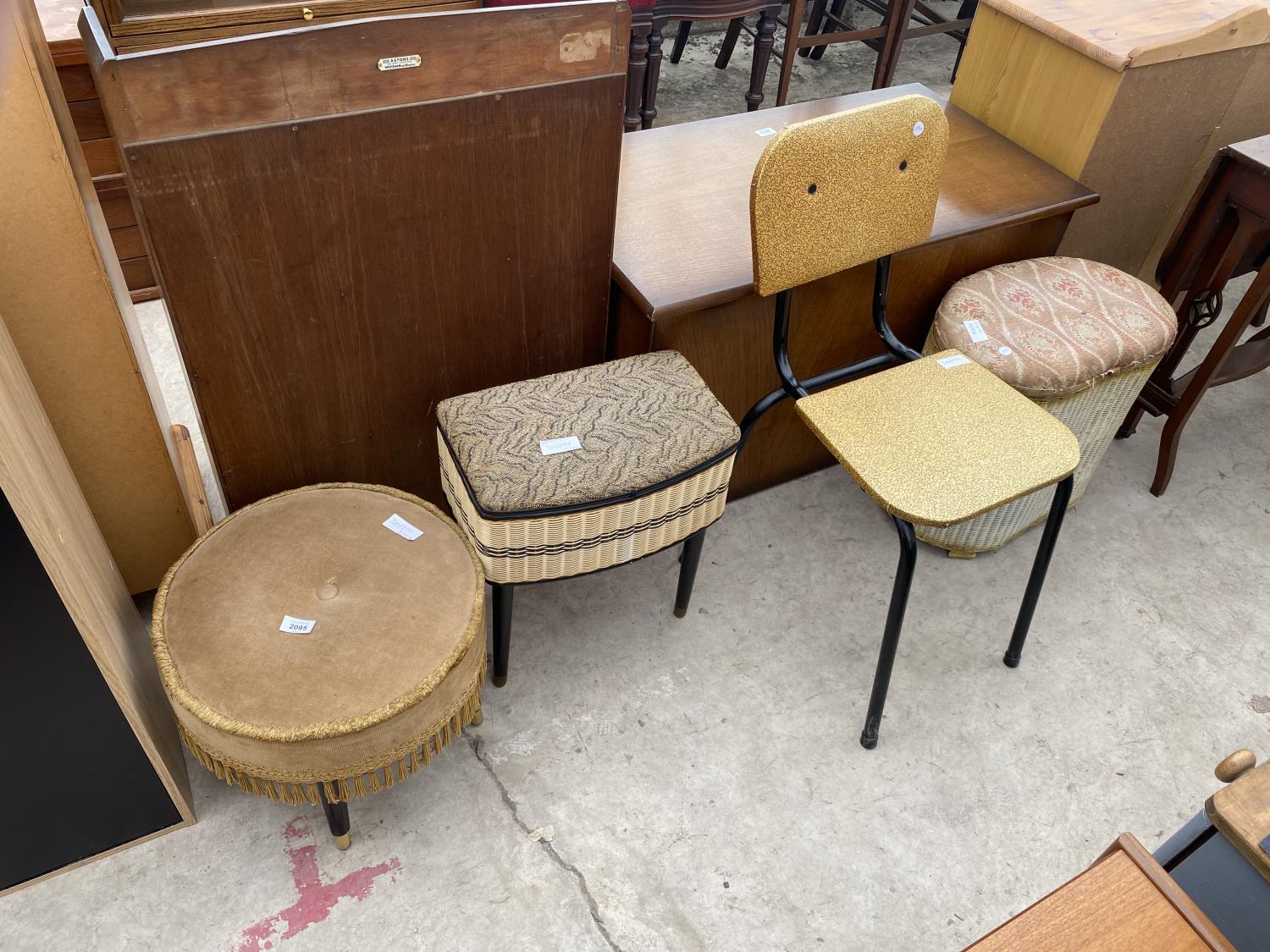 A 1950'S WICKER EFFECT SEWING BOX ON BLACK LEGS AND A KITCHEN CHAIR, LLOYD LOOM OTTOMAN AND AN