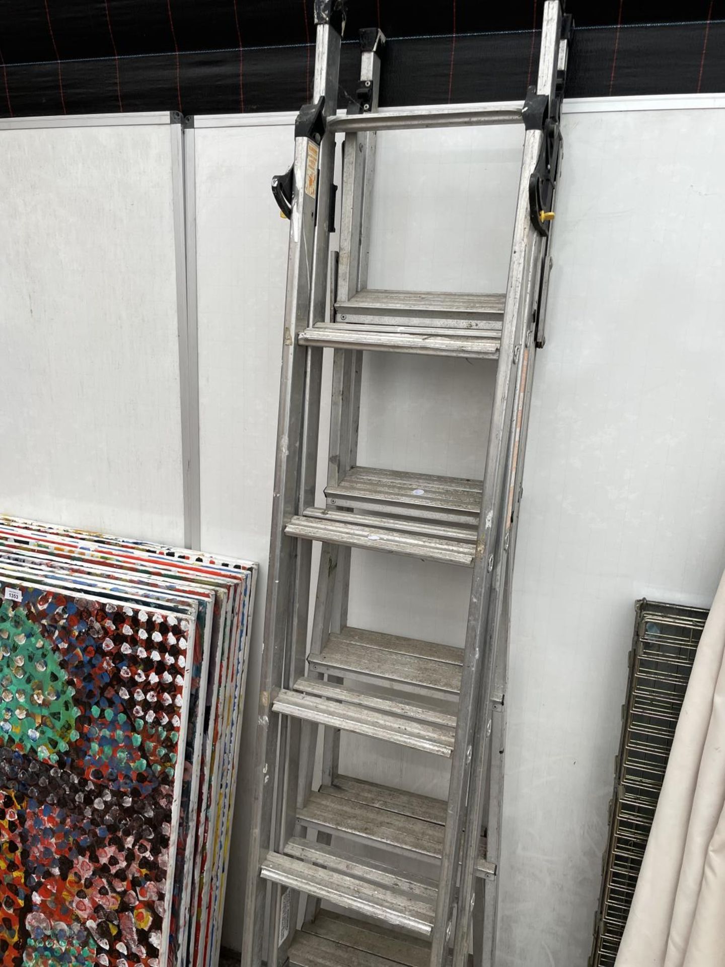 A FIVE RUNG ALLUMINIUM STEP LADDER AND TWO THREE WAY COMBINATION LADDERS - Image 3 of 4