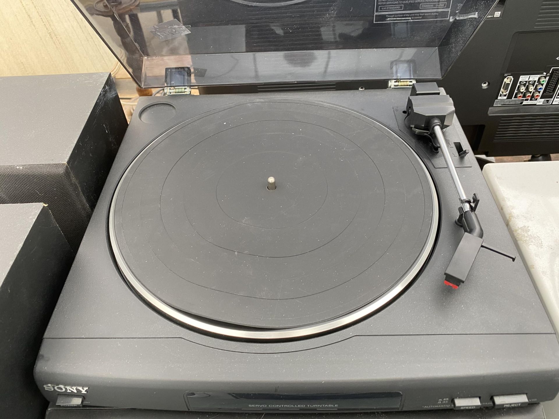 A SONY STEREO SYSTEM WITH RECORD PLAYER, THREE CD CHANGER, TAPE DECK AND TWO SPEAKERS - Image 3 of 3