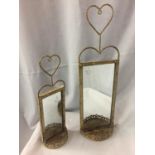 TWO METAL FRAMED DECORATIVE MIRRORS WITH HEART DESIGN TOPS
