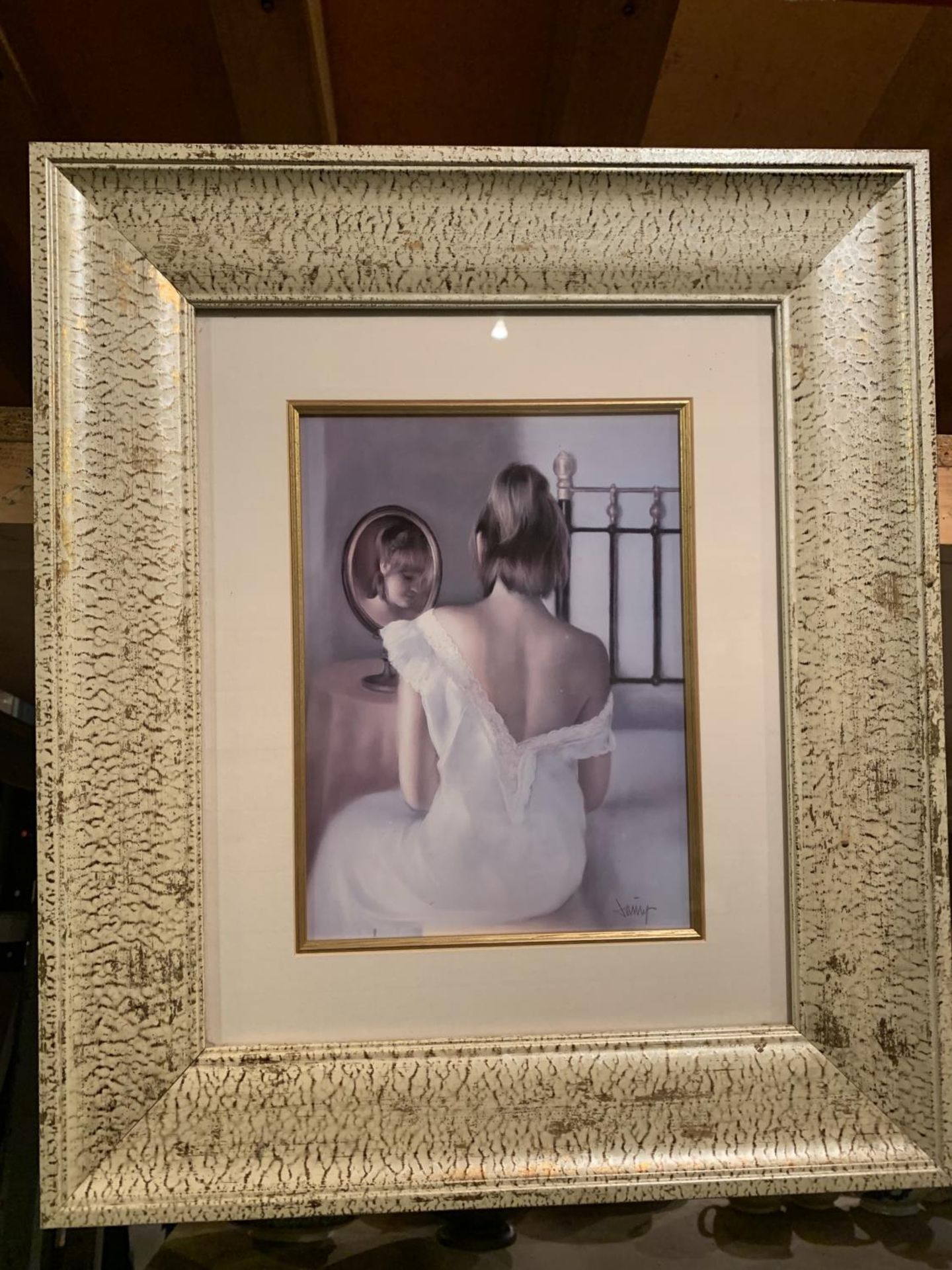 A NEW FRAMED PICTURE OF A LADY AT HER DRESSING TABLE WITH A MIRROR REFLECTION