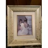 A NEW FRAMED PICTURE OF A LADY AT HER DRESSING TABLE WITH A MIRROR REFLECTION