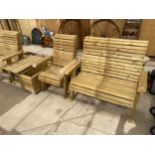 A WOODEN GARDEN FURNITURE SET TO INCLUDE A TWO SEATER BENCH, A CHAIR, A PLANTER AND A SIDE TABLE