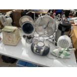 AN ASSORTMENT OF ITEMS TO INCLUDE FANS, SCALES AND IRONS ETC