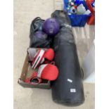 A PUNCH BAG AND BOXING GLOVES AND PADS AND THREE TEN PIN BOWLING BALLS