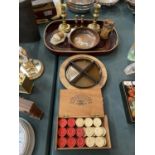 A COLLECTION OF MIXED ITEMS TO INCLUDE SERVING TRAY, BRASS CANDLESTICKS, DRAUGHTS PIECES ETC