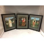 THREE FRAMED PETER HEARD PRINTS OF GOLFING, DARTS AND CRICKET