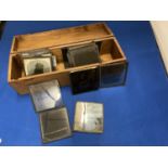 A COLLECTION OF GLASS SLIDES SOME BEING COLOUR IN WOODEN BOX