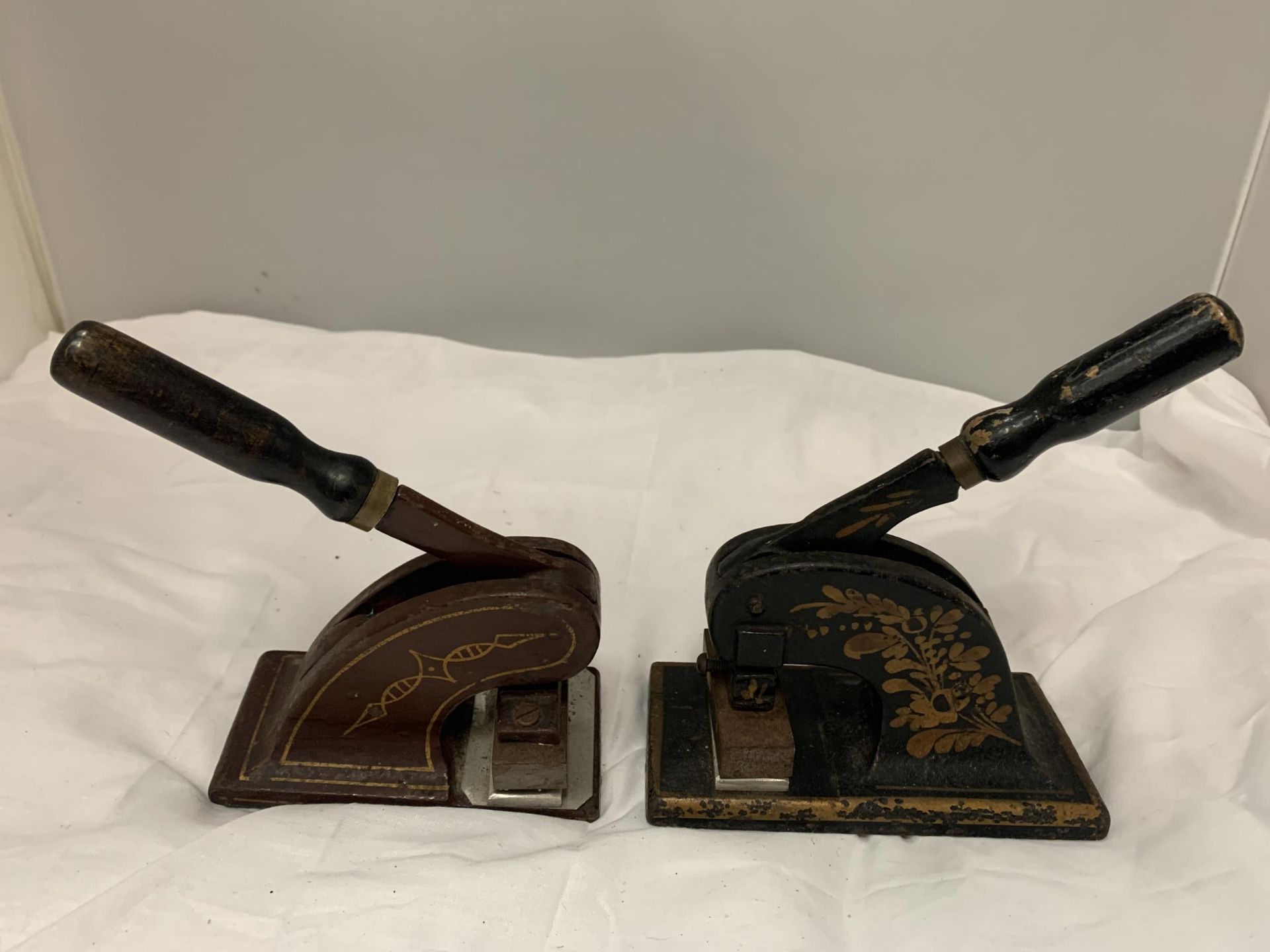 TWO VINTAGE CAST IRON DESKTOP LETTER PRESSES