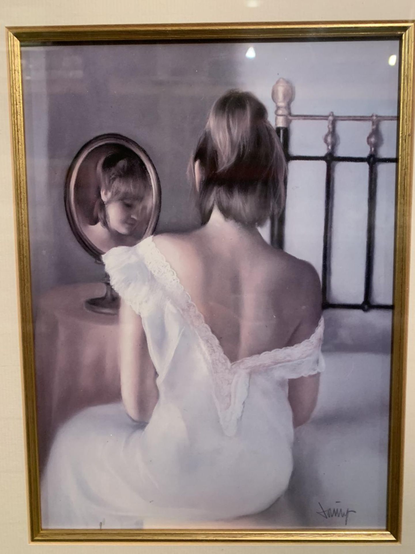 A NEW FRAMED PICTURE OF A LADY AT HER DRESSING TABLE WITH A MIRROR REFLECTION - Image 2 of 2