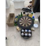 AN ASSORTMENT OF ITEMS TO INCLUDE A DART BOARD, A BOULES SET AND MENS FRAGRANCES ETC