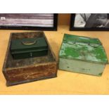 A VINTAGE 'CASH' BOX, A SHOE CLEANING TIN AND A VINTAGE WOODEN TRAY/BOX