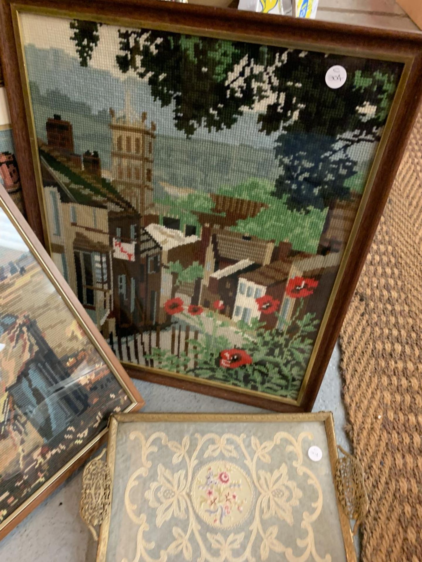 FOUR VARIOUS TAPESTRIES AND A LACE INLAID TRAY - Image 3 of 4