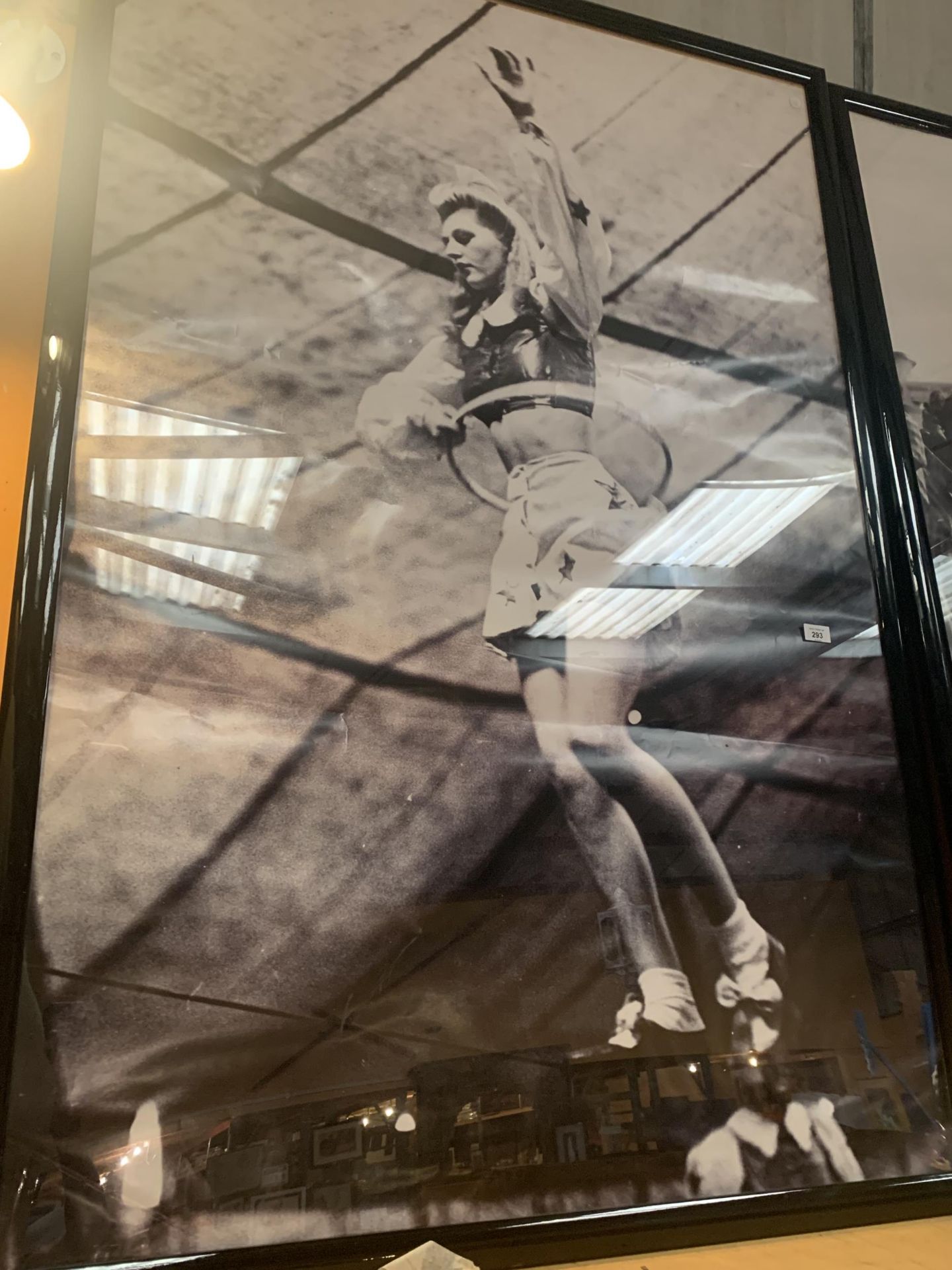 A VERY LARGE KODAK BLACK AND WHITE FRAMED 1940'S/1950'S PRINT OF A FEMALE CIRCUS PERFORMER 156CM X