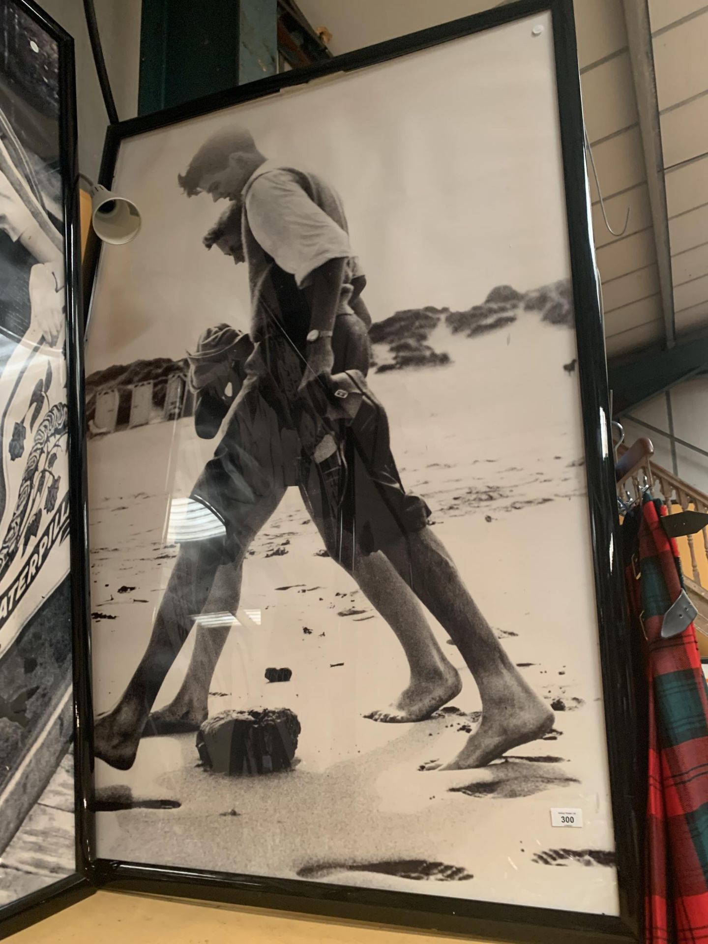 A VERY LARGE KODAK BLACK AND WHITE FRAMED 1940'S/1950'S PRINT OF TWO BOYS ON THE BEACH 156CM X 106CM