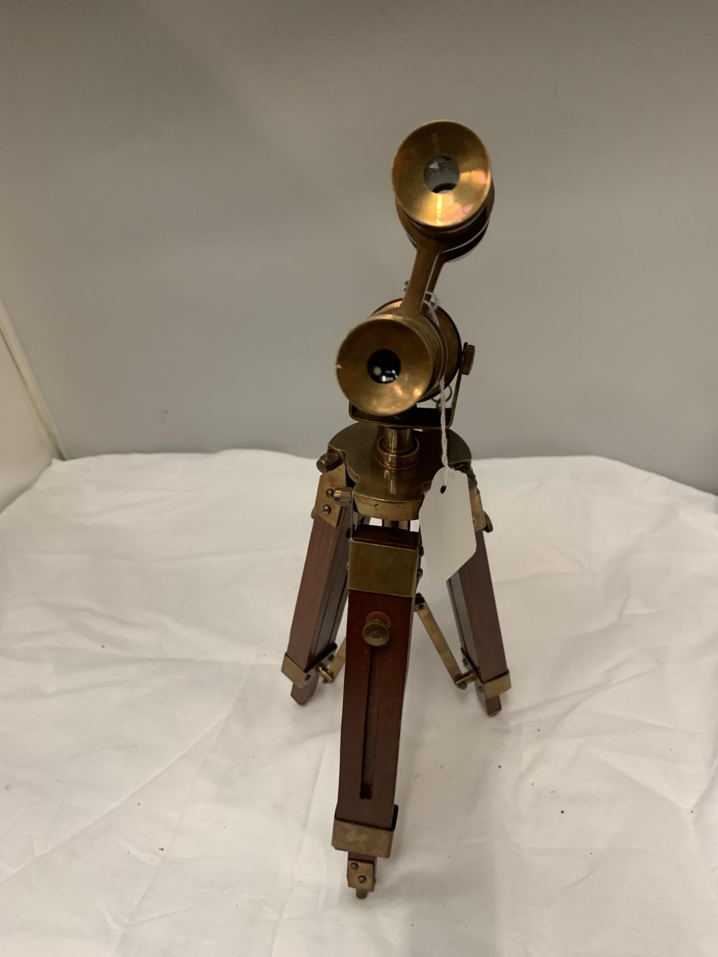 A BRASS, WOOD AND LEATHER TELESCOPE ON TRIPOD STAND - Image 4 of 4