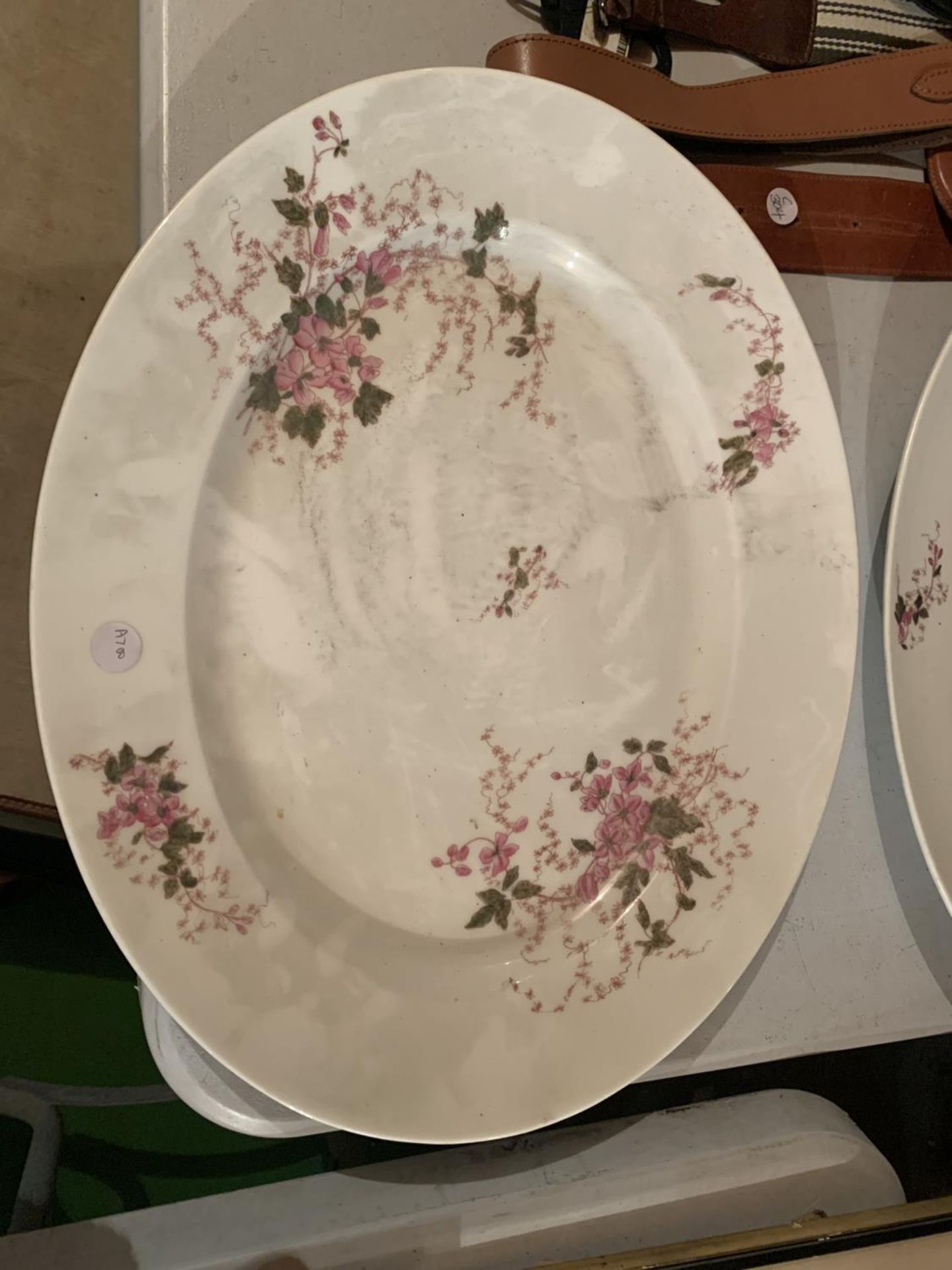 TWO LARGE HEAVY CERAMIC MEAT PLATTERS WITH A DELICATE PINK FLOWER DESIGN - Image 2 of 2