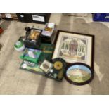 AN ASSORTMENT OF GOLF RELATED ITEMS TO INCLUDE A FRAMED TAPESTRY, A CLOCK AND GAMES ETC