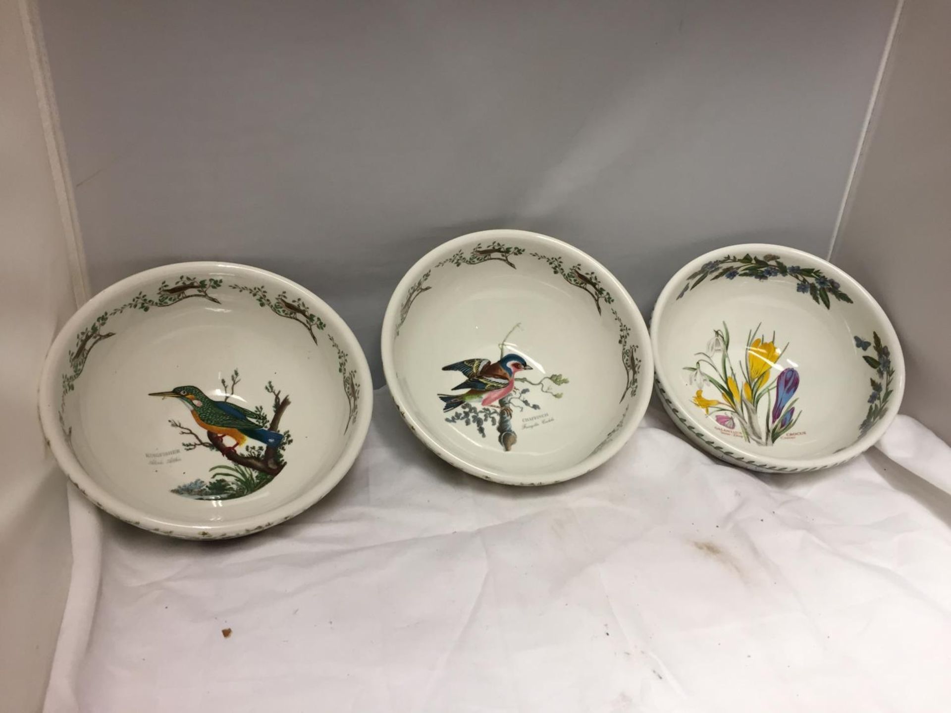 THREE LARGE PORTMERION POTTERY BOWLS {TWO BIRDS OF BRITAIN, ONE CROCUS }