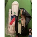 A GUNN AND MOORE CRICKET BAG WITH BAT, WICKETS, PADS AND A SMALL SIGNED BAT TO INCLUDE A FURTHER SET