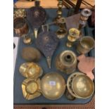 A SELECTION OF BRASS ITEMS TO INCLUDE CANDLE SICK HOLDERS, FIREPLACE BELLOWS