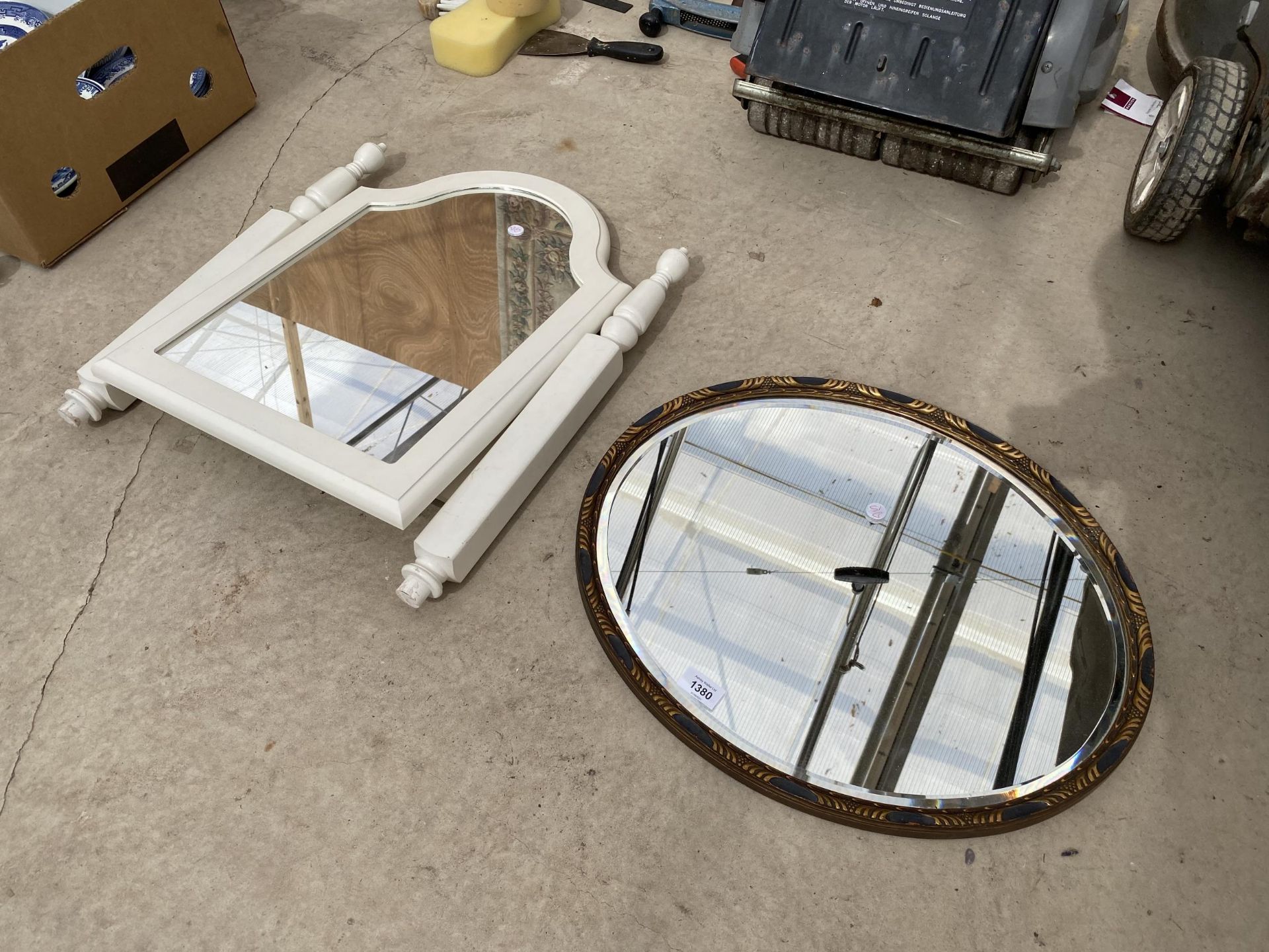 A WHITE DRESSING TABLE MIRROR AND A FURTHER DECORATIVE FRAMED MIRROR