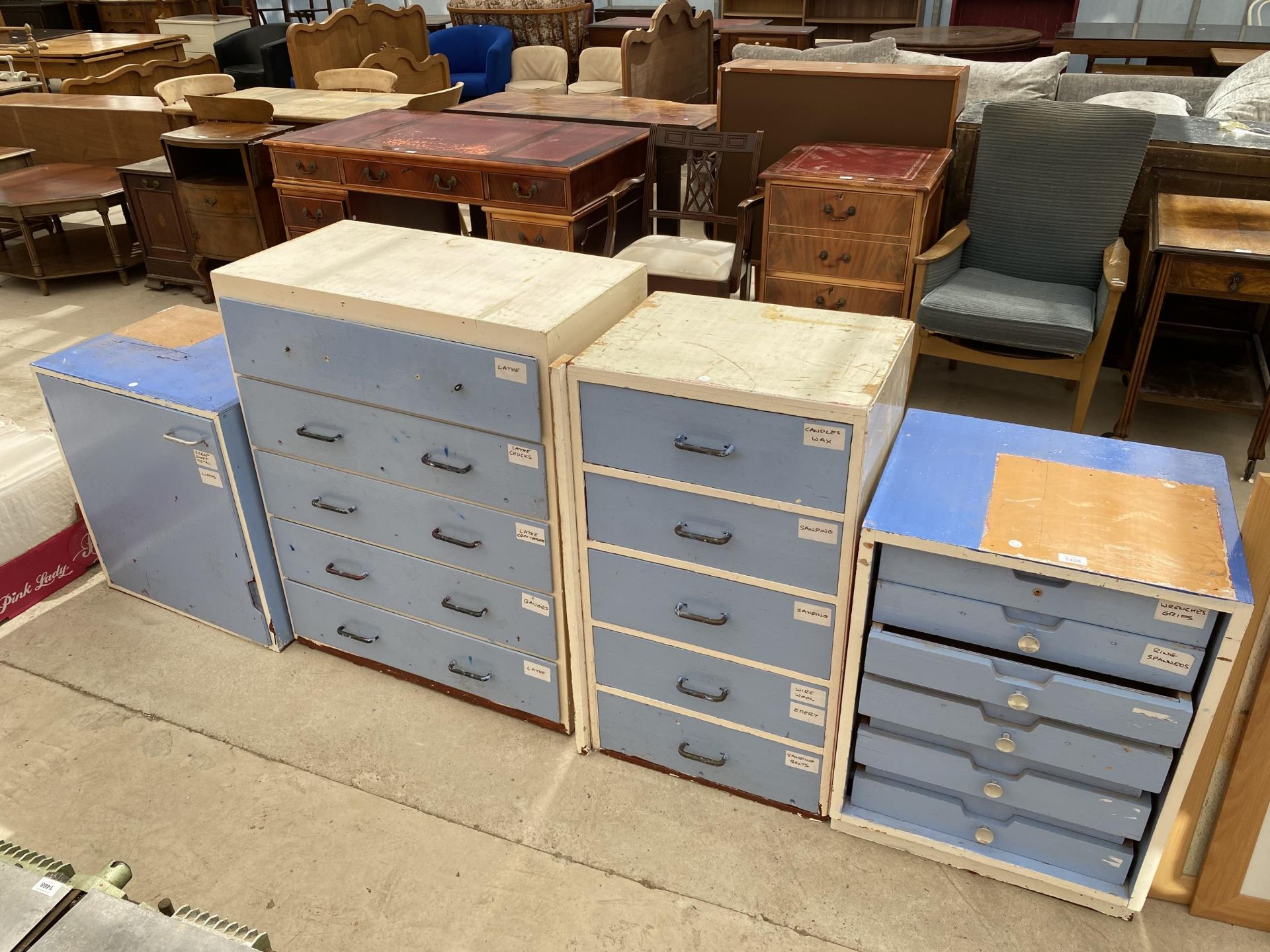 THREE PAINTED WORKSHOP DRAWER UNITS AND A FURTHER CUPBOARD WITH INTERNAL DRAWERS