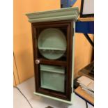 A SMALL WALL/SPICE CUPBOARD CONVERTED FROM A CLOCK CASE 78CM X 31CM