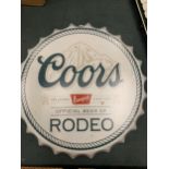 A RETRO COORS RODEO HANGING WALL BEER BOTTLE CAP DISPLAY SIGN 35CM