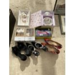 AN ASSORTMENT OF ITEMS TO INCLUDE CLARKS BABY SHOES, LADIES SHOES AND A BABY CUP AND BOWL SET ETC