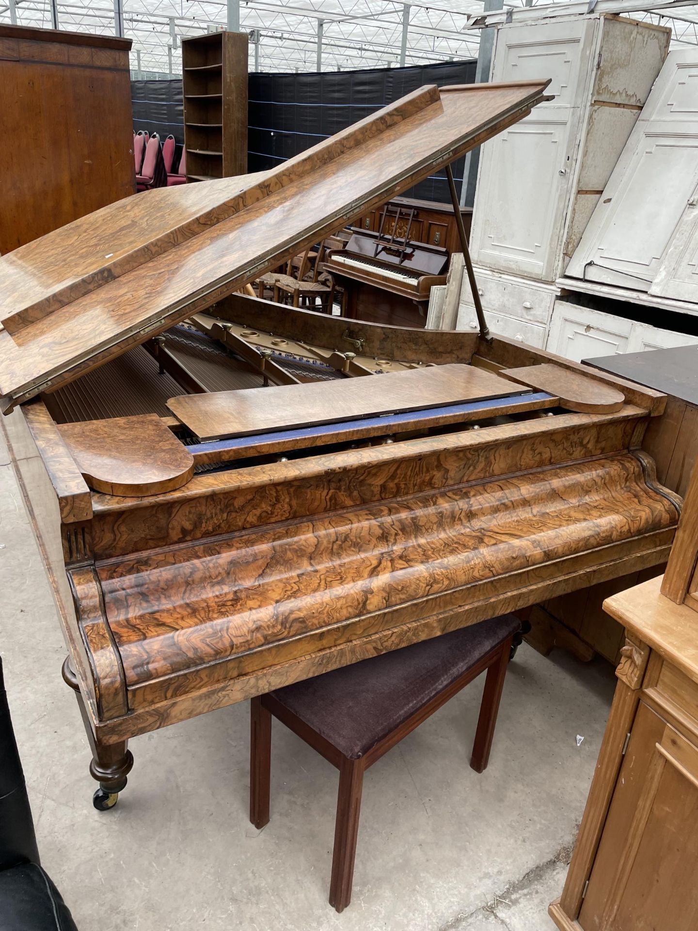 A COLLARD & COLLARD WALNUT METAL SEMI-GRAND PIANO, COMPLETE WITH STOOL