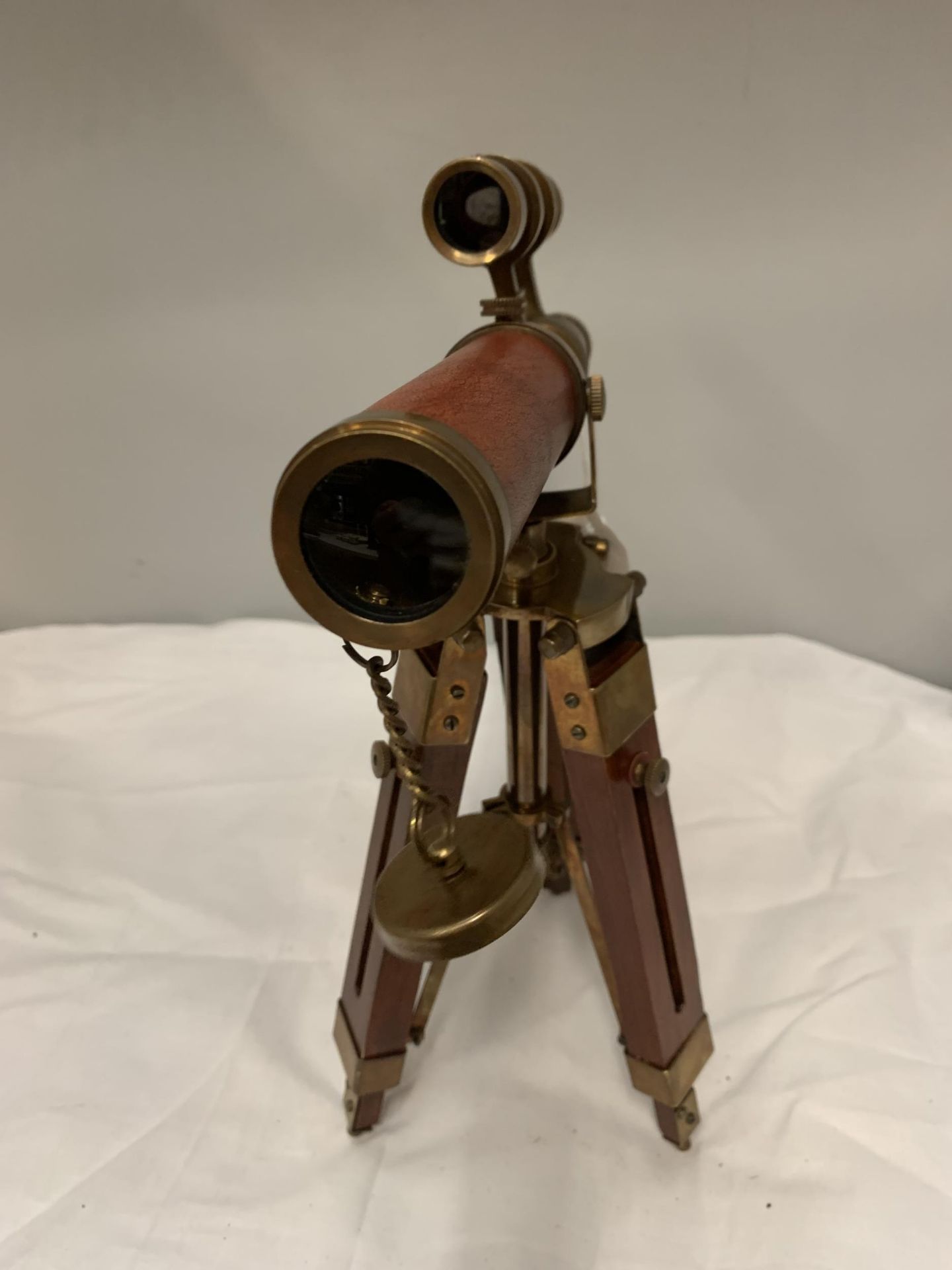 A BRASS, WOOD AND LEATHER TELESCOPE ON TRIPOD STAND - Image 2 of 4