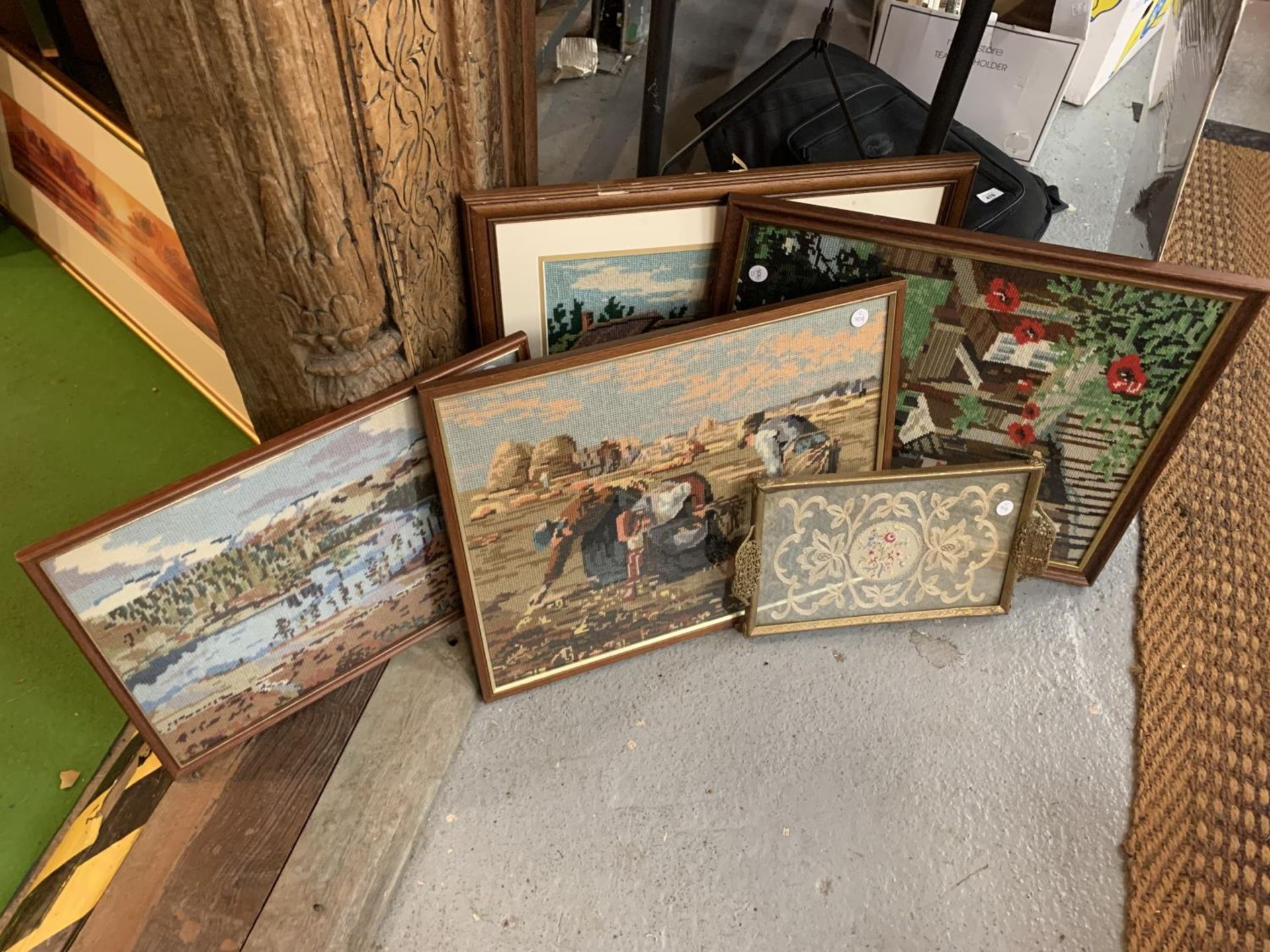 FOUR VARIOUS TAPESTRIES AND A LACE INLAID TRAY